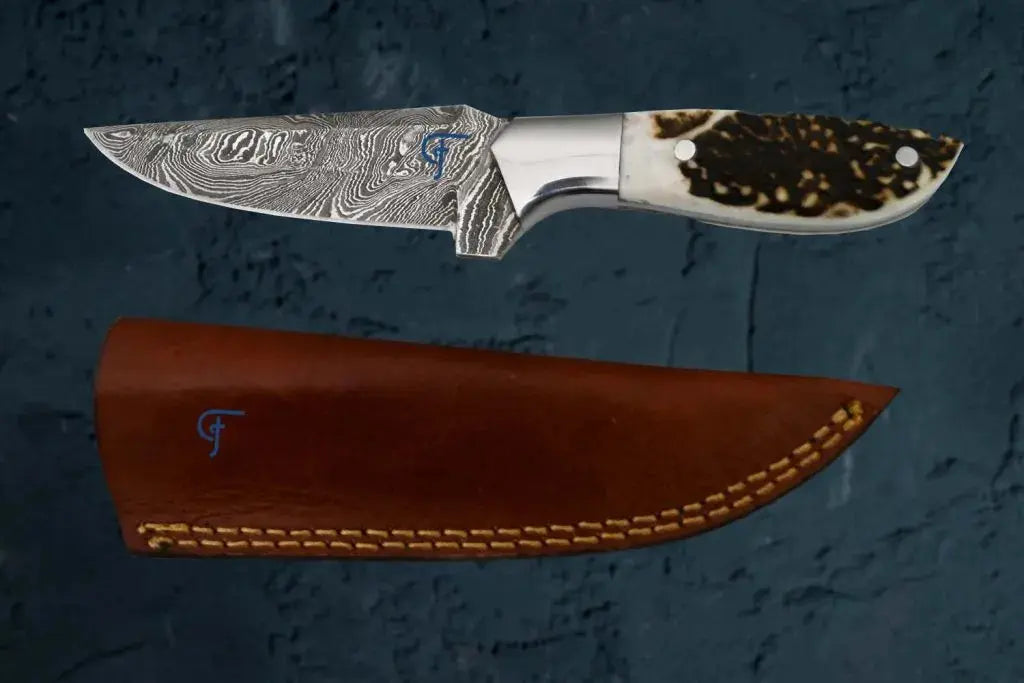 Faneema Cutlery best outdoor knife with antler handle and Damascus steel blade with leather sheath