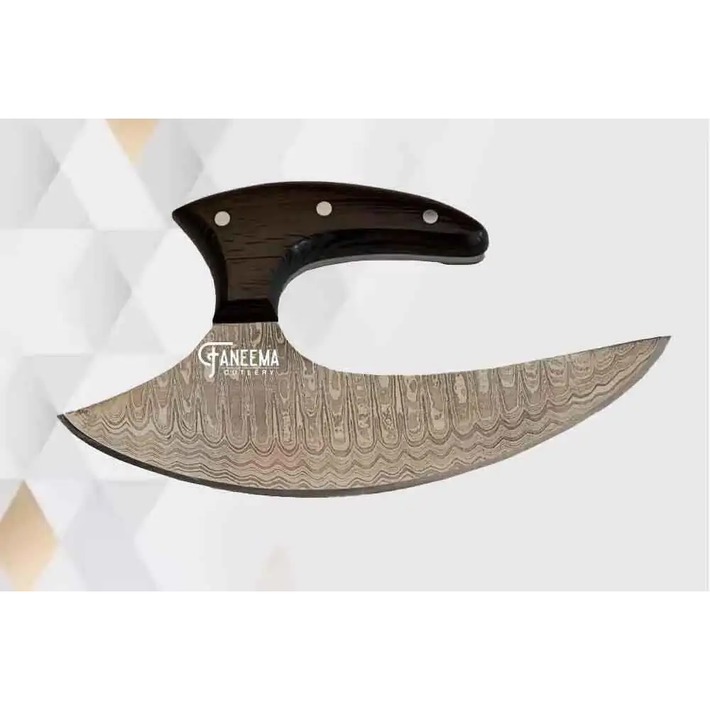 Sleek damascus ulu chopping knife with black wooden handle and silver rivets