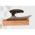 Black handle Damascus ulu chopping knife on wood block