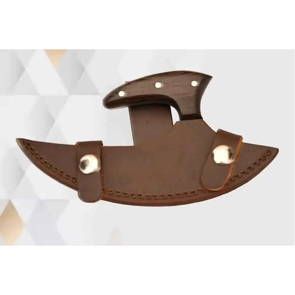 Brown leather sheath with rivets for ulu chopping knife