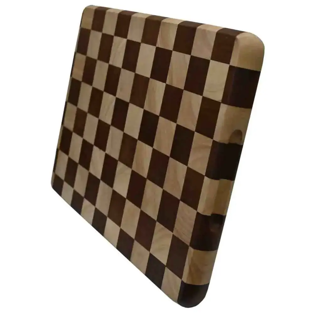 Square wooden checker cutting board with blue handle chef knife
