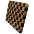 Square wooden checker cutting board with blue handle chef knife