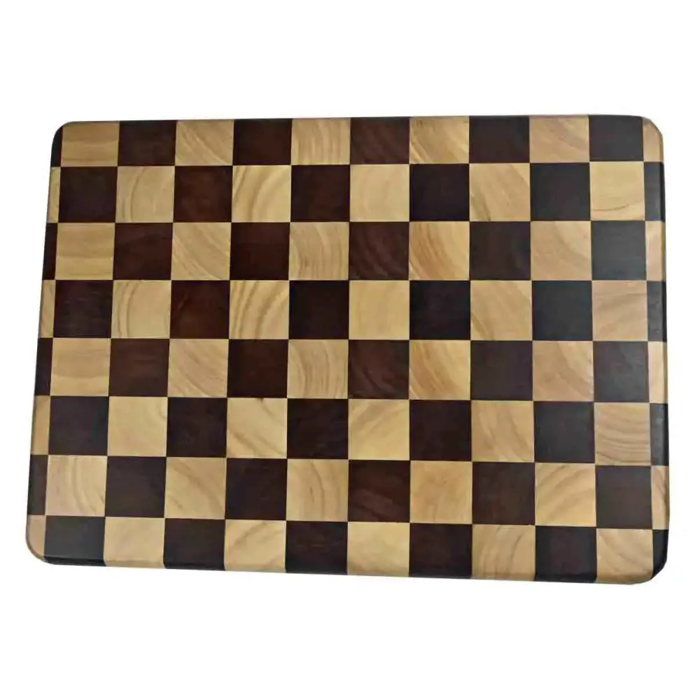 Checker cutting board with lena checker pattern and blue handle chef knife