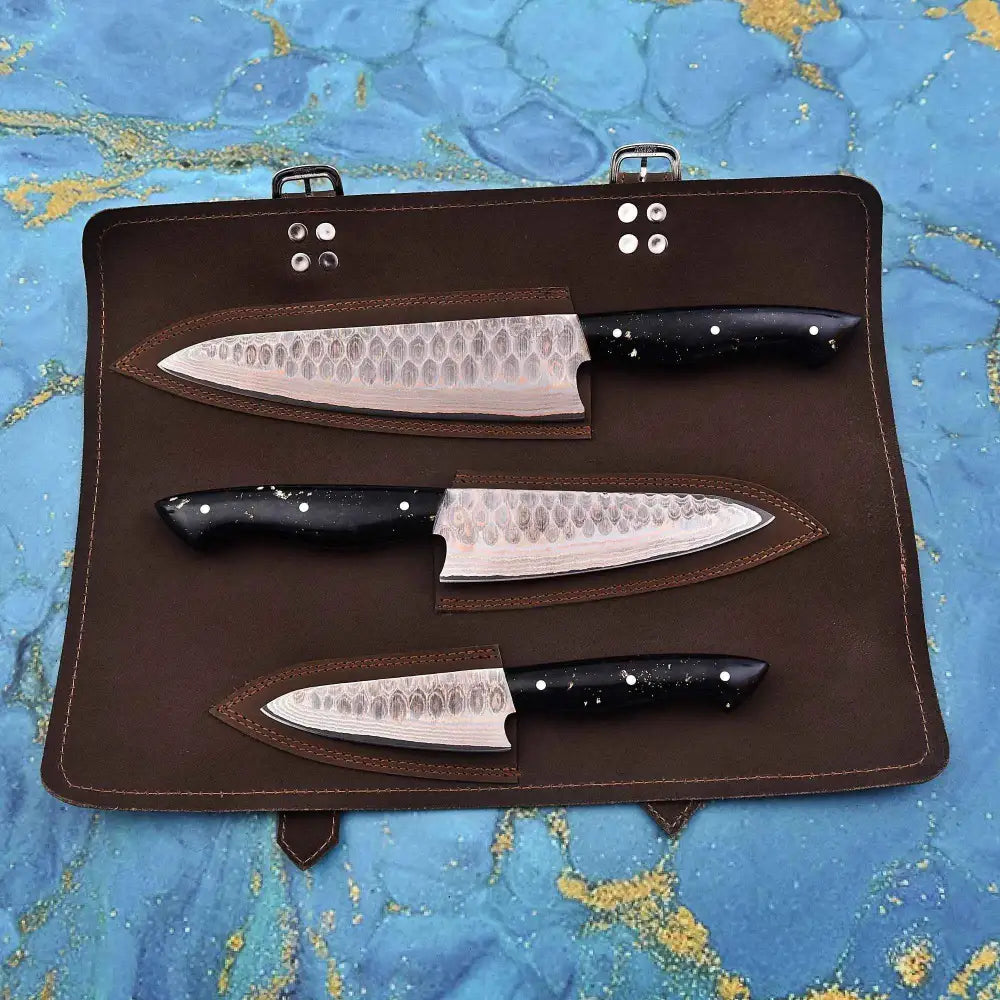Charcoal 3-pcs knife set with black-handled hammered blades in leather roll