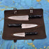 Charcoal 3-pcs knife set with black-handled hammered blades in leather roll