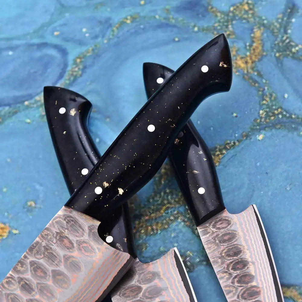 Charcoal 3-pcs knife set with black-handled Damascus blades