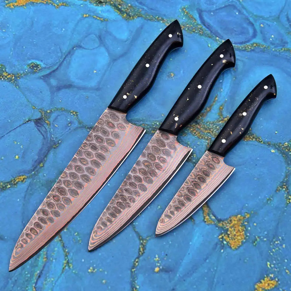 Charcoal 3-pcs knife set with hammered Damascus blades