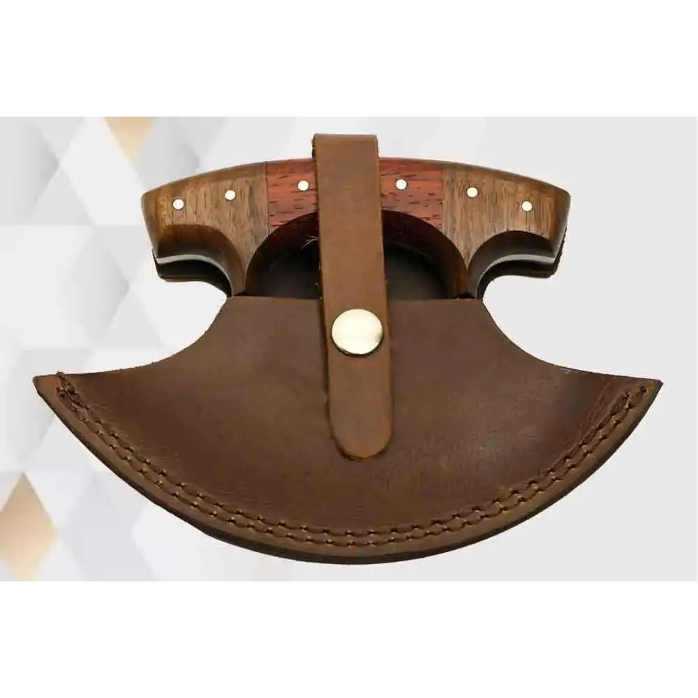 Brown leather axe sheath for Faneema ulu knife with wood handle