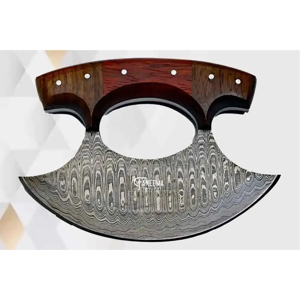 Curved faneema ulu knife with damascus steel blade and wood handle