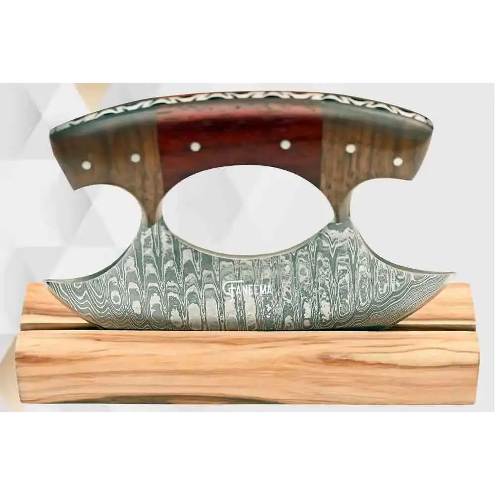 Curved Damascus steel ulu knife with wood handle and white inlays