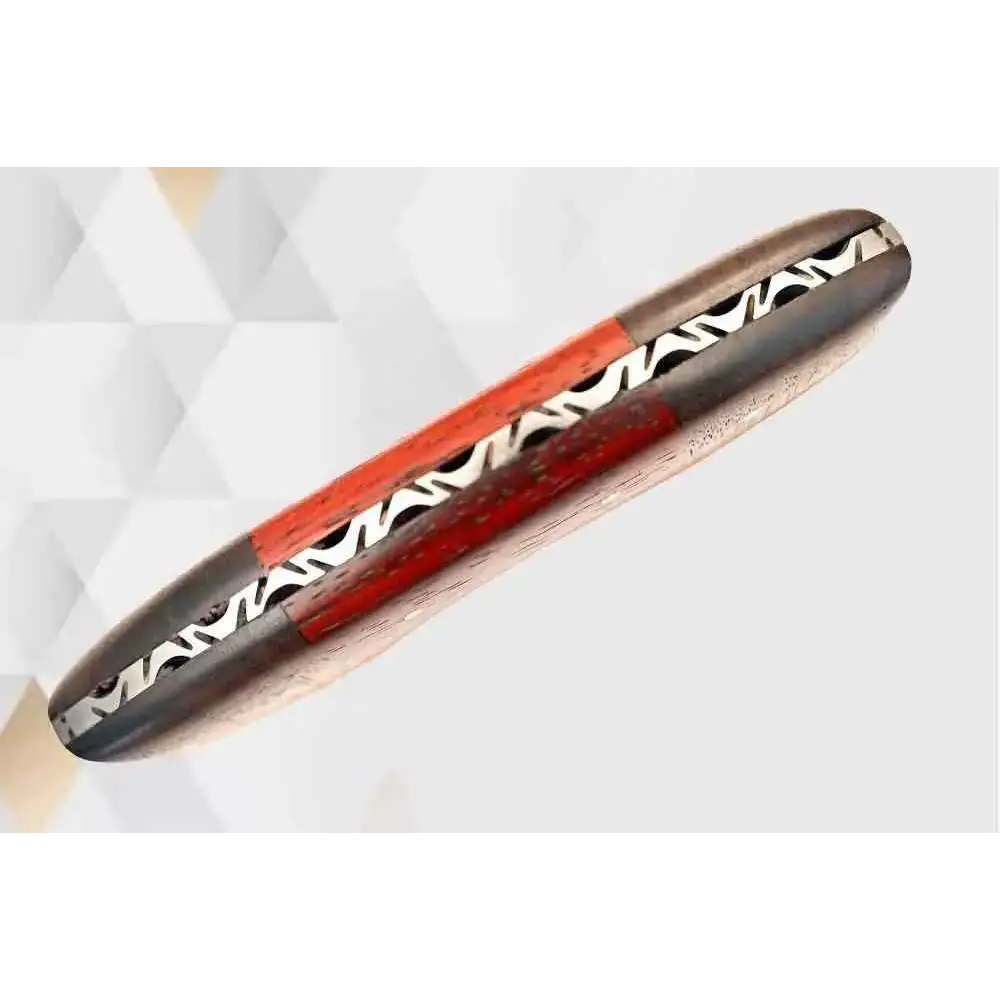 Curved Damascus steel ulu knife with sleek wood handle and red accents