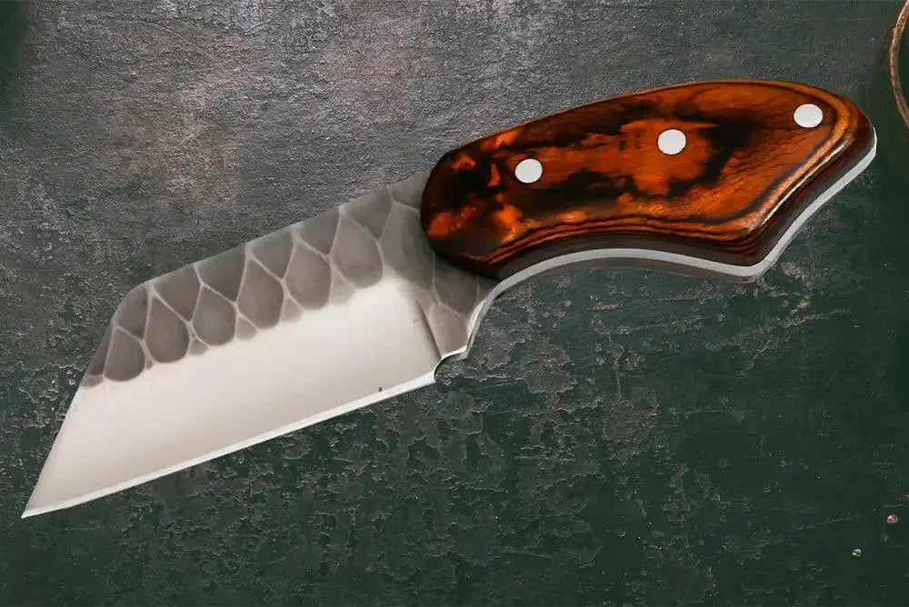 Faneema Cutlery custom handmade skinner knife with patterned blade and wooden handle