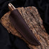 Heorot camping knife in dark brown leather sheath with antler handle