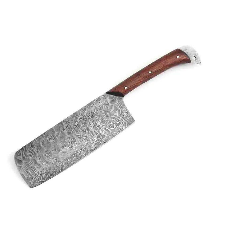 Damascus artisan kitchen cleaver with wooden handle and silver accents