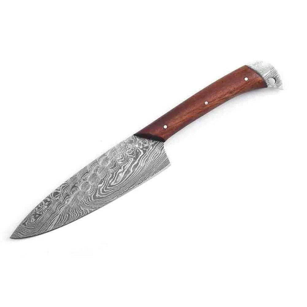 Damascus paring knife with wavy blade and wooden handle