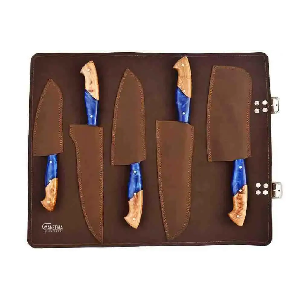 Damascus chef knives set with blue resin and wood handles in leather roll