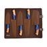 Damascus chef knives set with blue resin and wood handles in leather roll