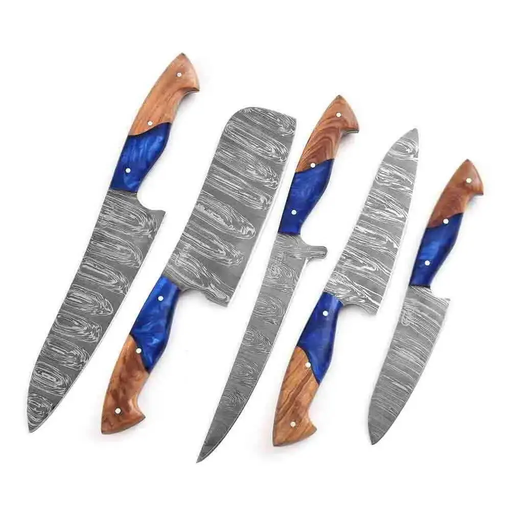 Damascus chef knives set with blue resin wooden handles