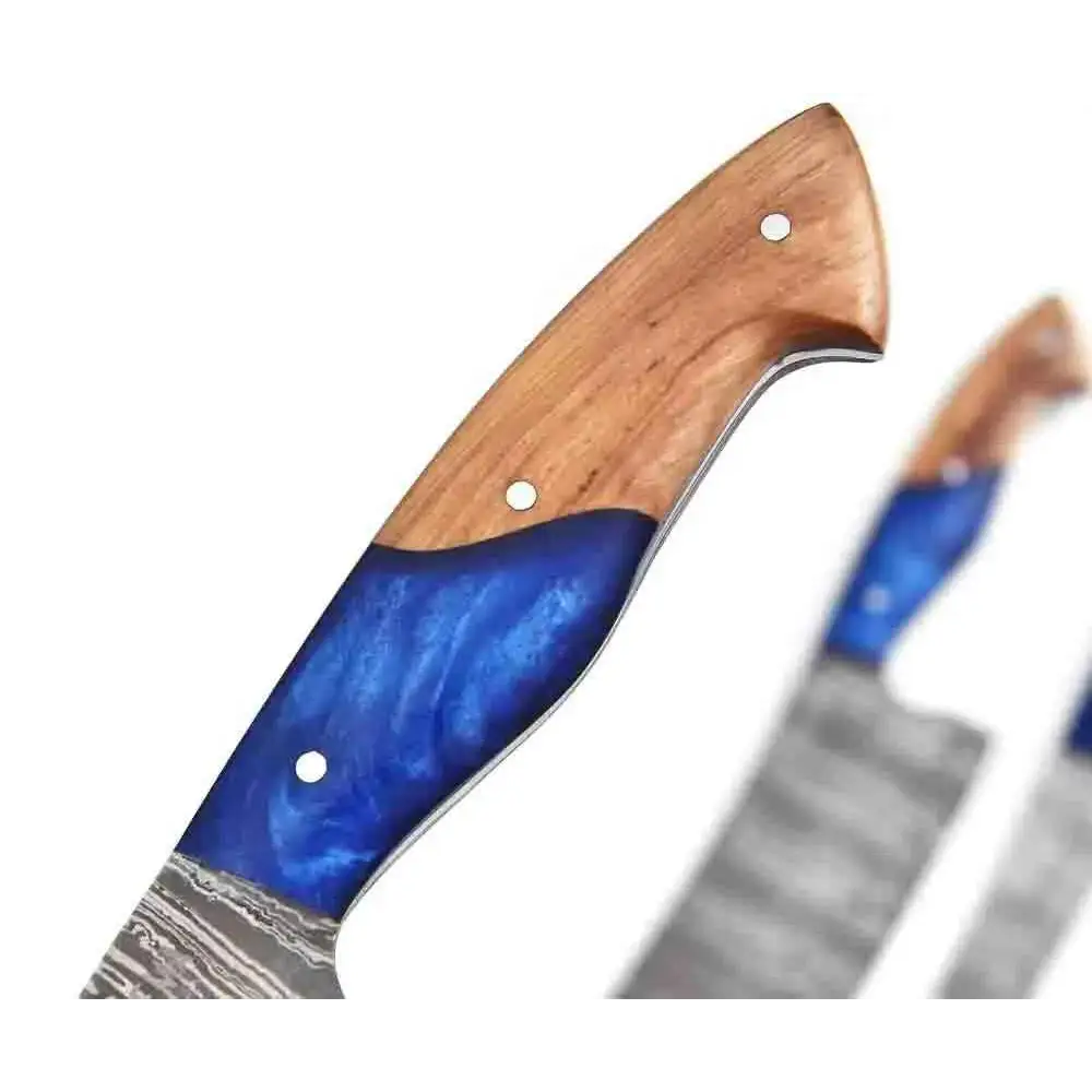Hand-forged Damascus chef knives set with blue resin handles