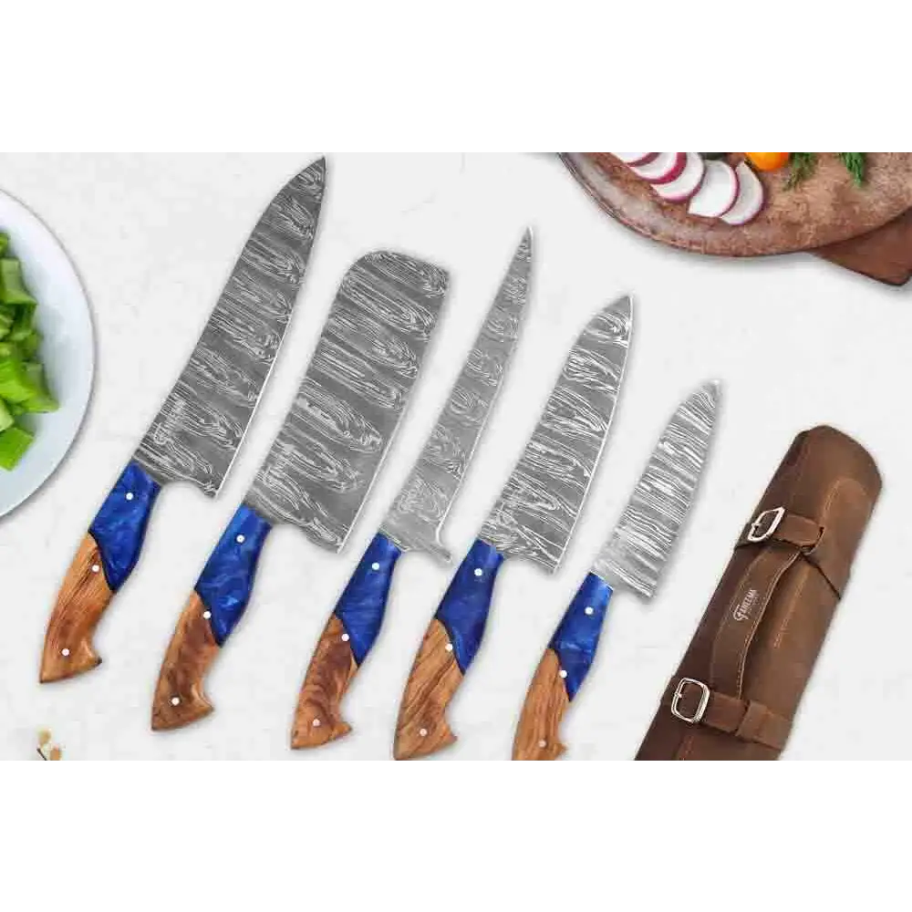 Set of 5 Damascus chef knives with blue resin handles and wooden grips