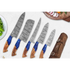 Set of 5 Damascus chef knives with blue resin handles and wooden grips