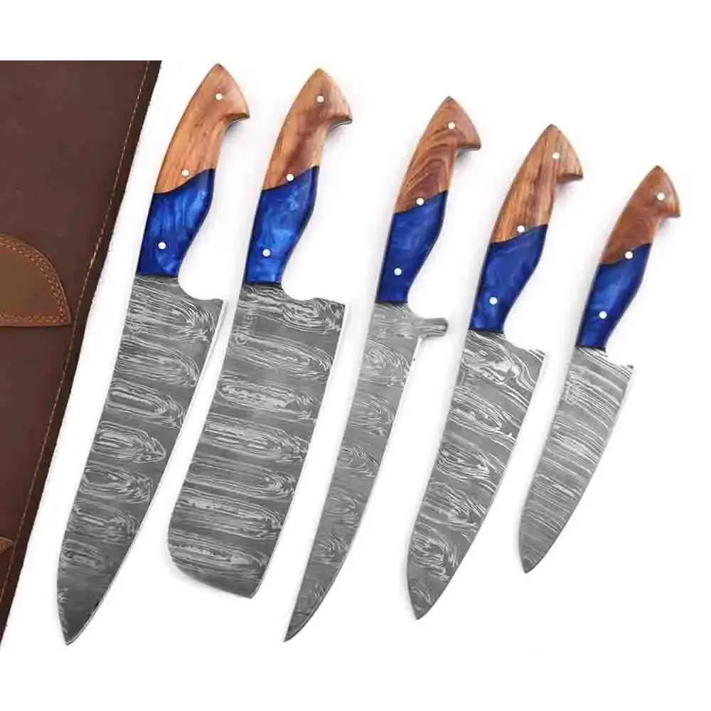 Damascus chef knives set with blue resin handles and Damascus blades