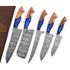 Damascus chef knives set with blue resin handles and Damascus blades