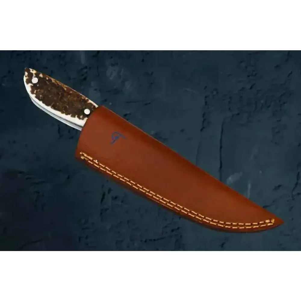 Damascus antler handle outdoor knife in brown leather sheath with tan stitching