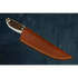 Damascus antler handle outdoor knife in brown leather sheath with tan stitching