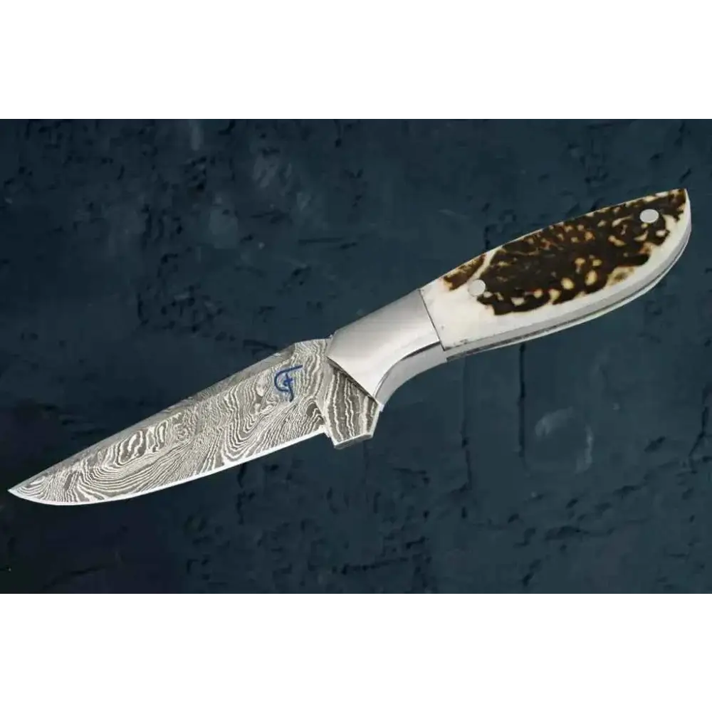 Damascus outdoor knife with antler handle and wavy steel blade