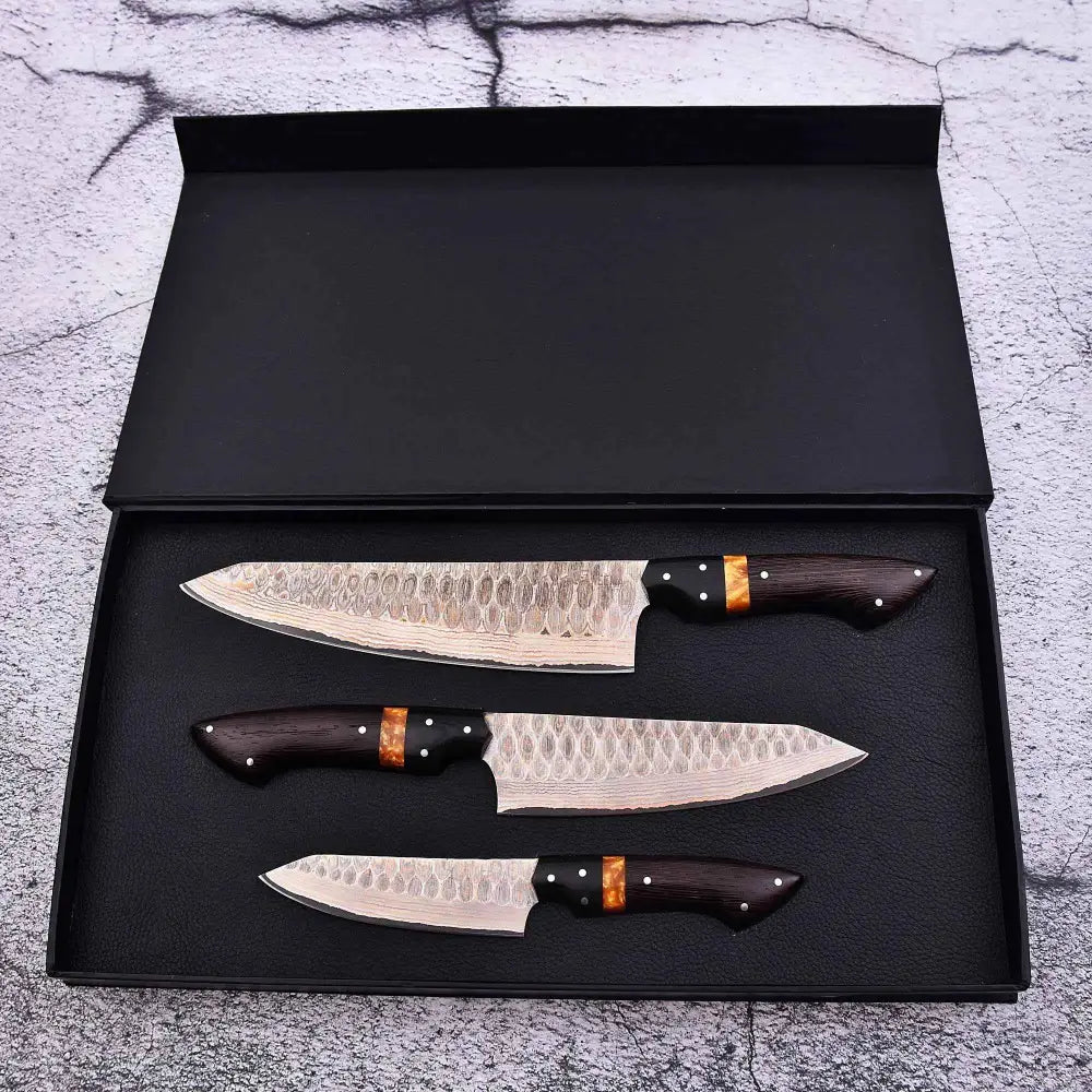 Copper Damascus Knife Set with Gold Inlays in Black Box