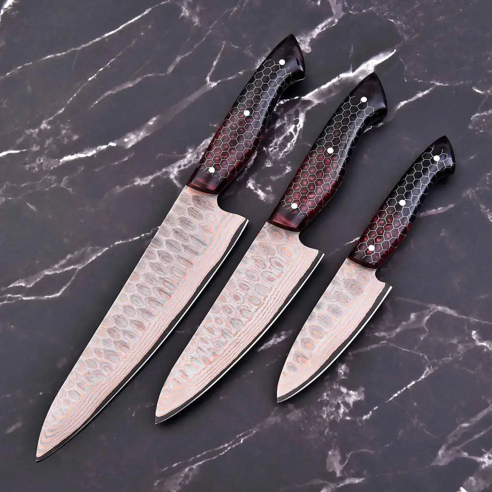 Damascus honeycomb knife set with three chef knives and leather sheath