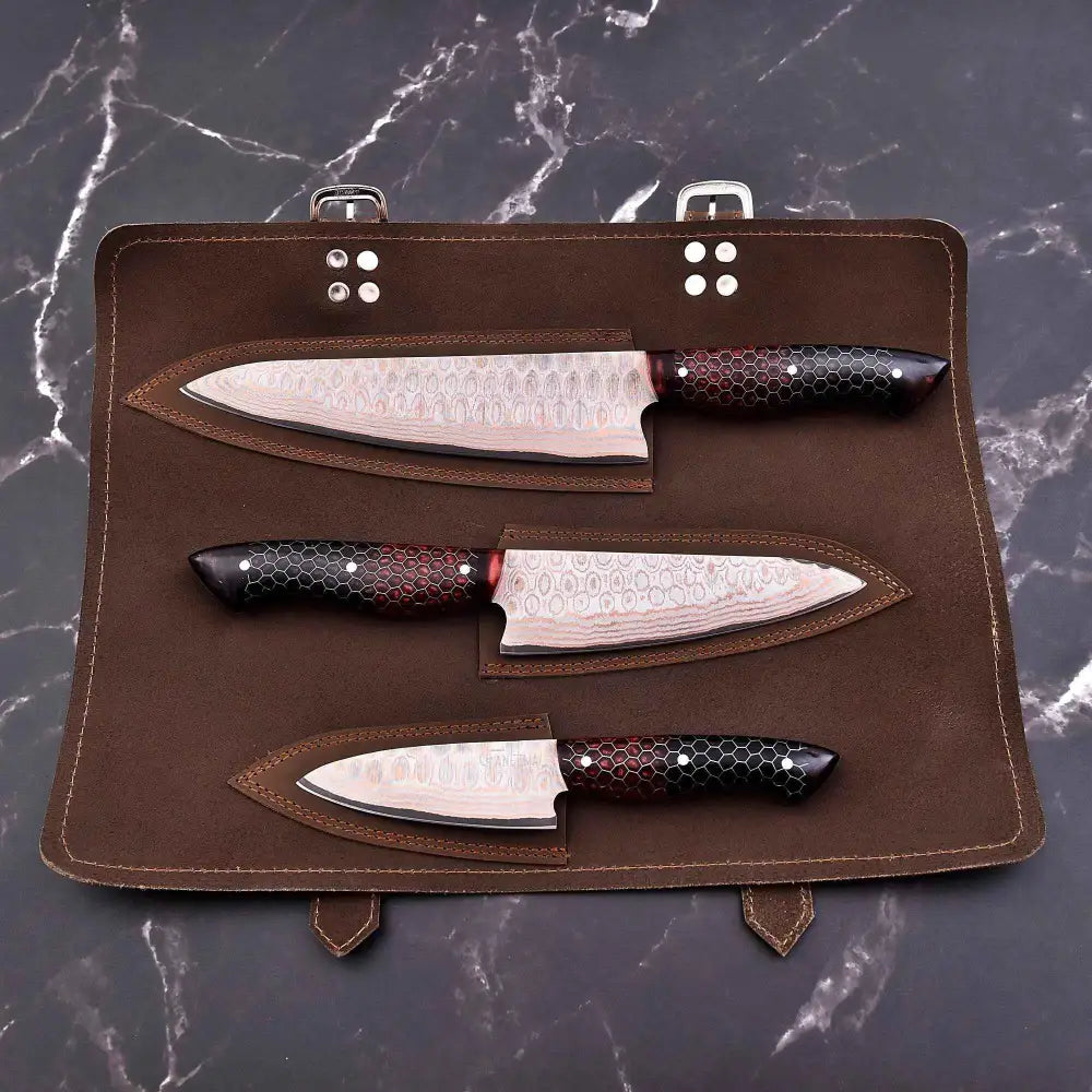 Damascus honeycomb knife set with leather sheath