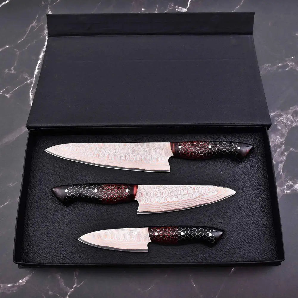 Three-piece honeycomb knife set with Damascus steel blades