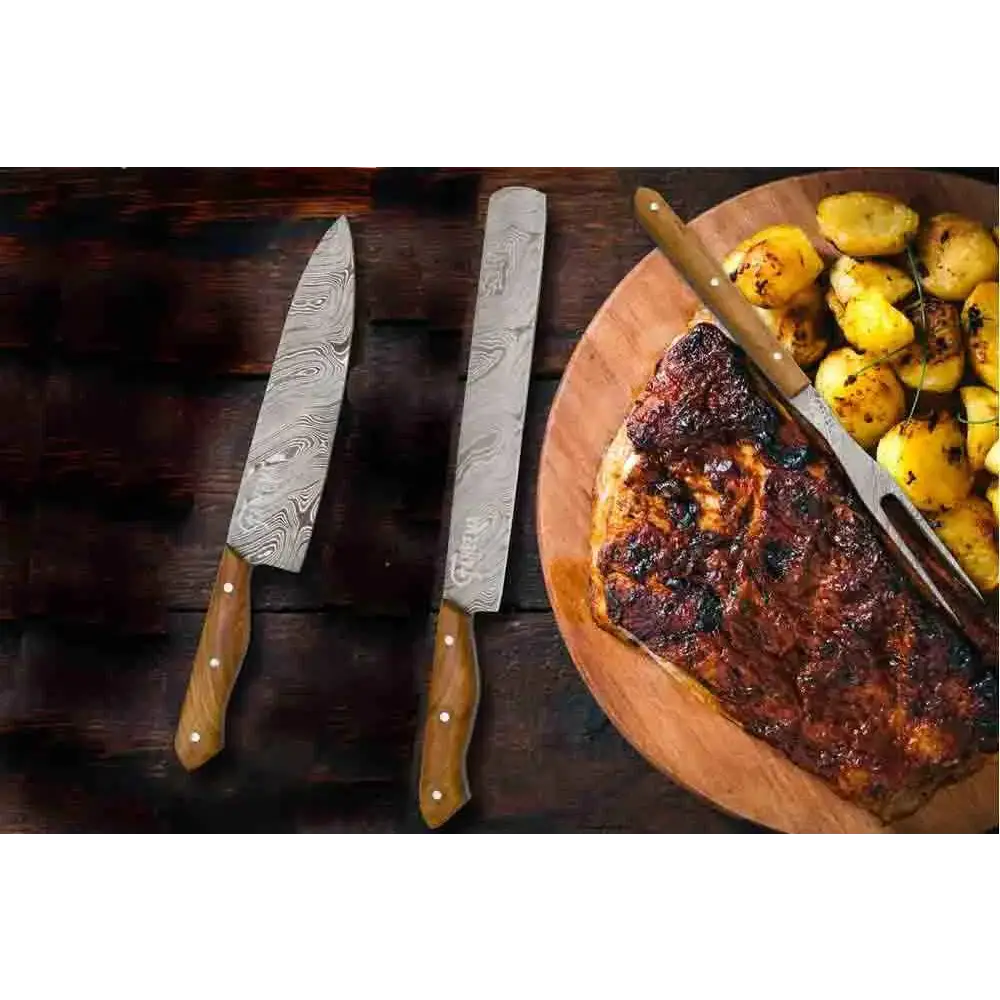 Pair of Damascus steel knives with wooden handles beside steak and potatoes