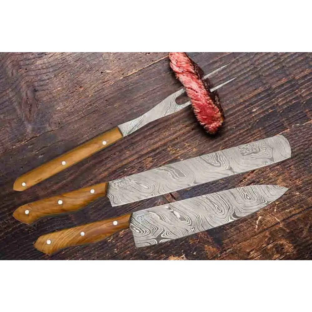 Damascus knife set with wooden handles and wavy pattern blades