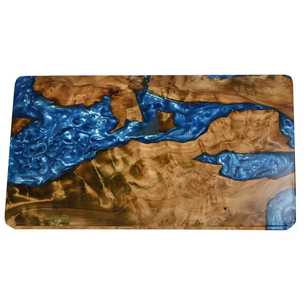 Rectangular burl wood resin cutting board with blue epoxy river inlays