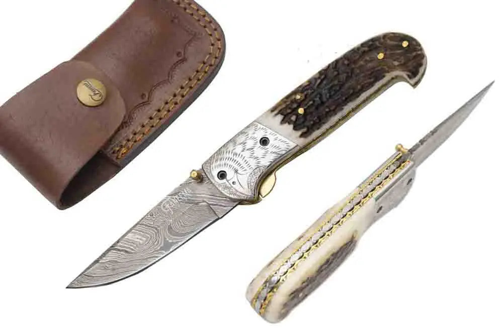 Faneema Cutlery Damascus pocket knife with detailed patterned blade and leather sheath