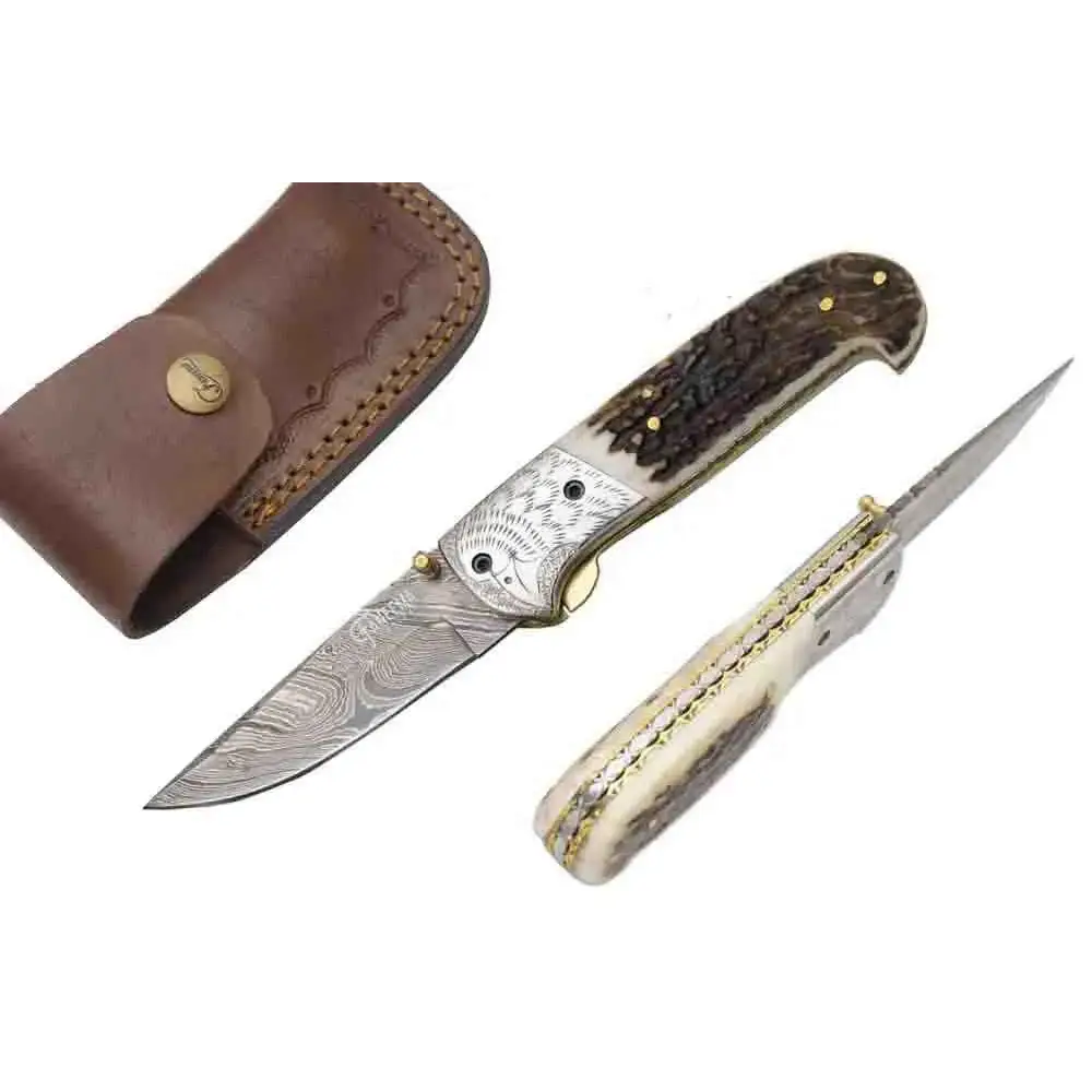 Damascus pocket knife with stag handle and engraved silver inlay