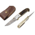 Damascus pocket knife with stag handle and engraved silver inlay
