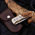 Damascus steel antler folding knife in leather sheath