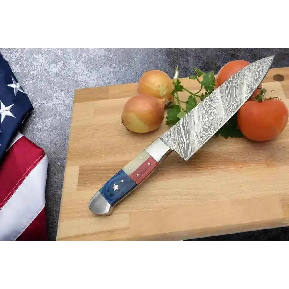 Damascus steel chef knife with American flag handle