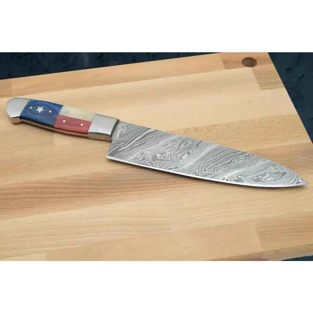 Damascus steel chef knife with Texas flag handle