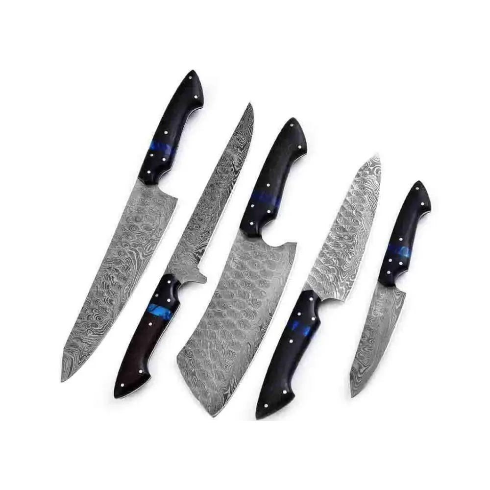 Damascus steel chef knife set with black handles and blue inlays