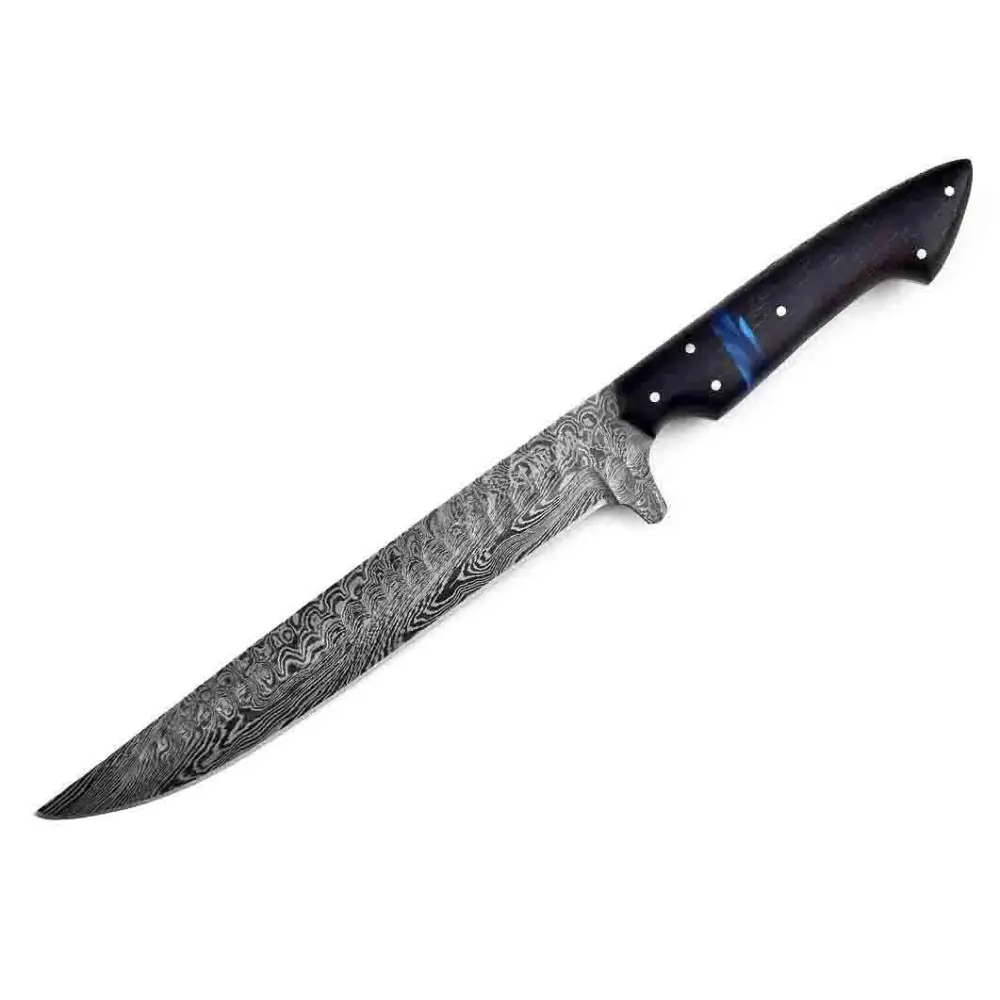 Black-handled damascus steel chef knife with silver-gray blade
