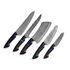 Damascus steel chef knife set with dark wooden handles and blue inlays