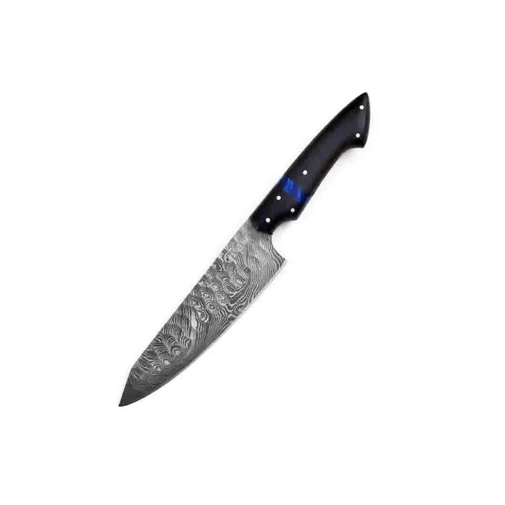 Damascus steel chef knife with black handle and blue inlay from knife set