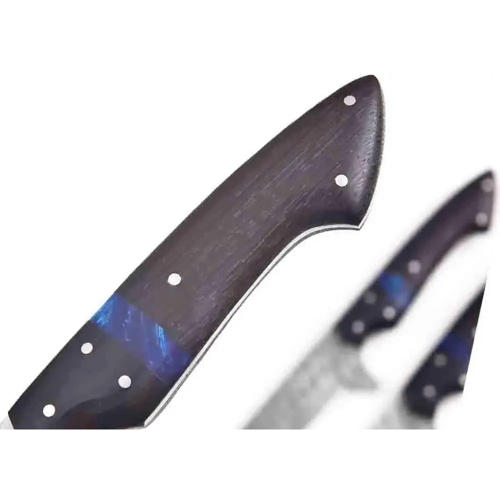Damascus steel chef knife set with dark wood handle, blue inlay, silver rivets