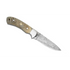 Sleek damascus steel knife with olive green handle and gold rivets