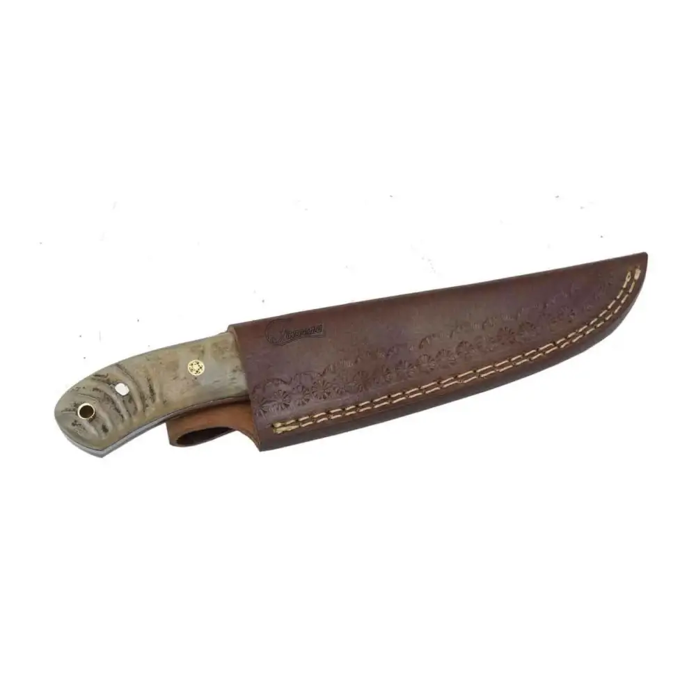 Damascus steel knife in brown leather sheath with gold stitching
